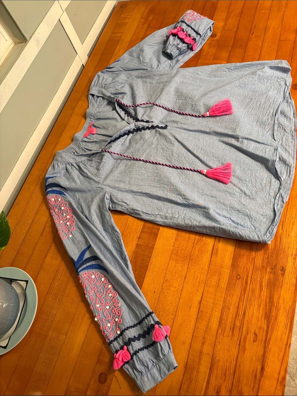 Lilly Pulitzer Light Blue Tunic Top with Pink Tassel Accents